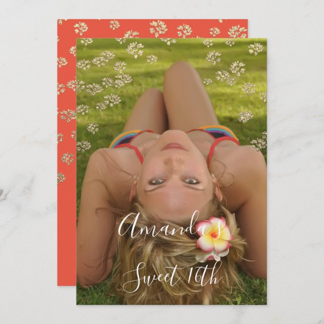 Sweet 16th  Flower Coral Gold Photo Confetti Spark Invitation (Front/Back)