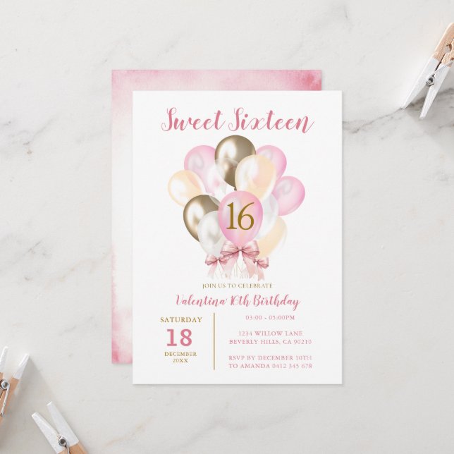 Sweet 16th Girl Birthday Pink Bow Gold Balloon  Invitation (Front/Back In Situ)