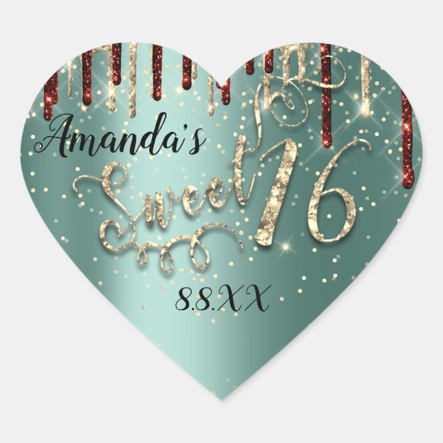 Sweet 16th Heart Glitter Gold Burgundy Drips Green Heart Sticker (Front)