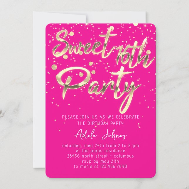 Sweet 16th Instant Download  Gold Confetti Pink Invitation (Front)