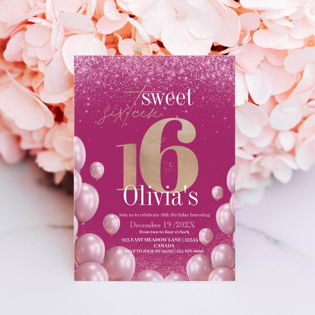 Sweet 16th Modern Birthday Pink Balloons Glitter  Invitation (Creator Uploaded)