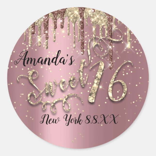 Sweet 16th Party Glitter Gold Confetti Rose Drips Classic Round Sticker (Front)