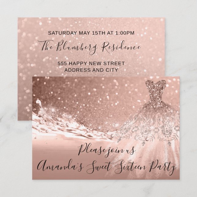 Sweet 16th Party  Rose Gold Glitter Ocean Dress Invitation (Front/Back)