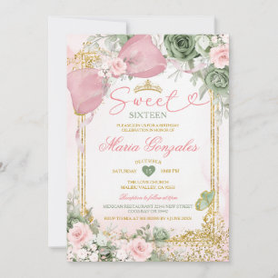 Sweet 16th Pink Bow Sage Green Floral Birthday Invitation