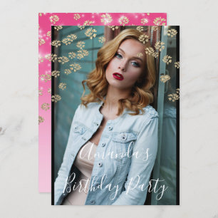 Sweet 16th  Pink Flowers Gold Ombre Photo Confetti Invitation