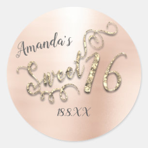 Sweet 16th Script Metallic Round Rose Gold Girly Classic Round Sticker