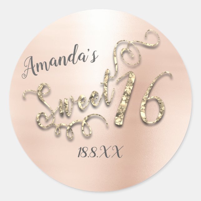 Sweet 16th Script Metallic Round Rose Gold Girly Classic Round Sticker (Front)
