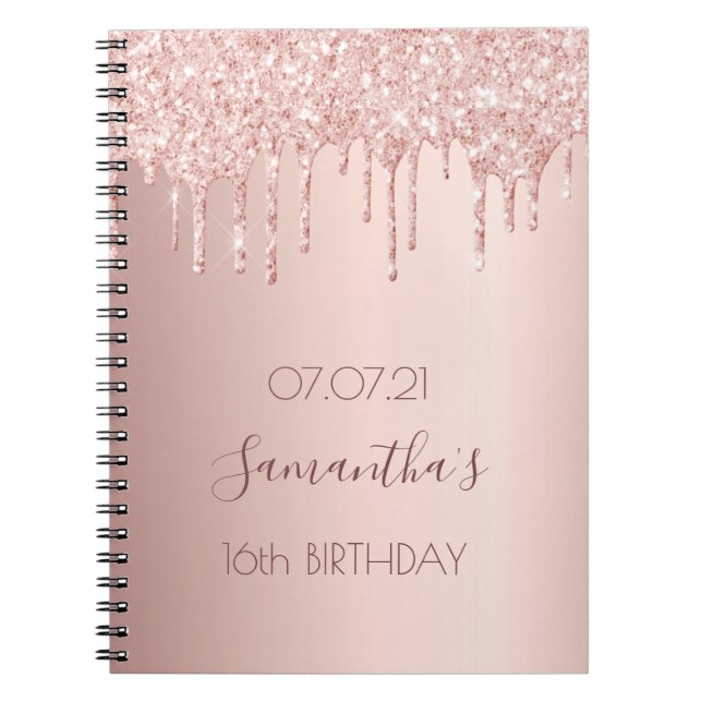 Sweet 16th sixteen 16 birthday rose gold glitter notebook (Front)