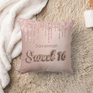 Sweet 16th sixteen 16 rose gold glitter monogram cushion