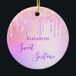 Sweet 16th sixteen birthday glitter pink purple ceramic tree decoration<br><div class="desc">An ornament for a girly and glamourous Sweet 16th birthday. A trendy rainbow coloured gradient background in purple, pink and rose gold with faux glitter drips, paint dripping look as decoration. Personalise and add a name. The text: Sweet Sixteen is written with a modern hand lettered style script. Purple text....</div>