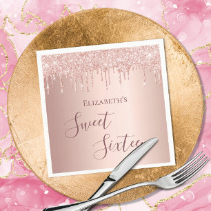 Sweet 16th sixteen birthday rose gold glitter napkin