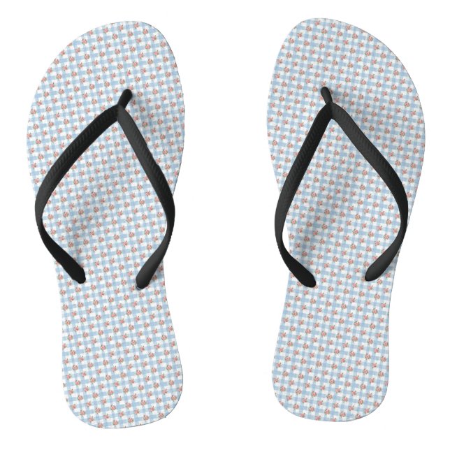 Sweet 50s Retro Rosebud Blue Gingham Check Jandals (Footbed)