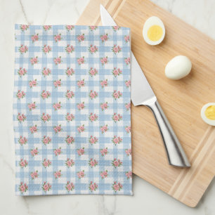 Sweet 50s Retro Rosebud Blue Gingham Check Tea Towel