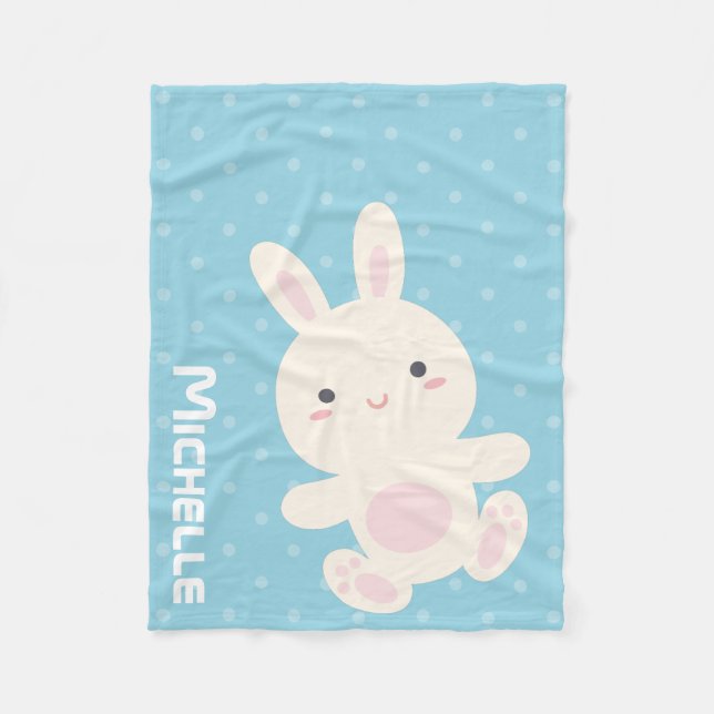 Sweet Adorable Cute Bunny Pastel Blue Polka Dots Fleece Blanket (Front)