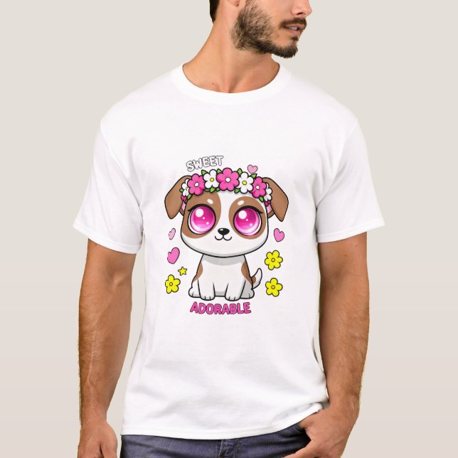 Sweet Adorable Puppy Dog with Flower Crown  T-Shirt (Front)
