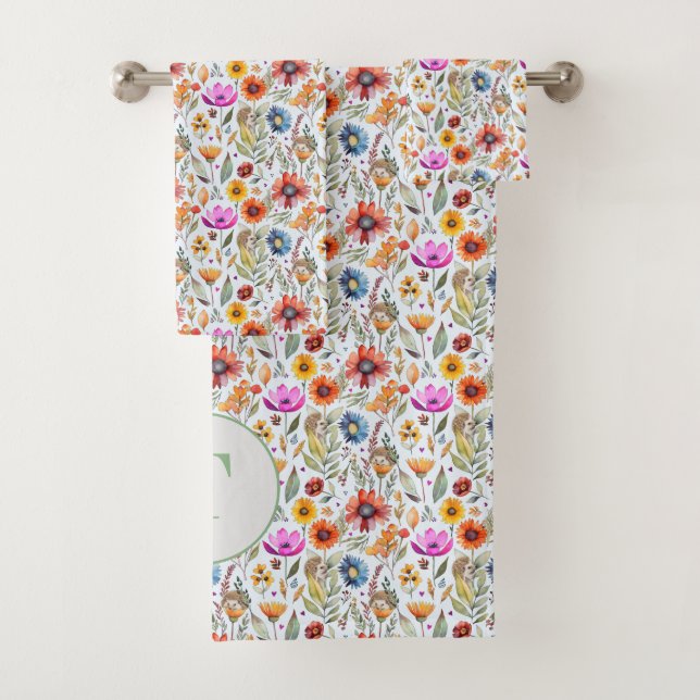 Sweet and Adorable Wildflowers & Hedgehog Pattern Bath Towel Set (Insitu)