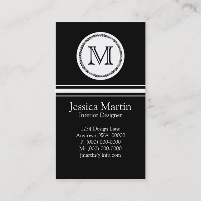 Sweet and Delicate Monogram Business Card, Black Card (Front)