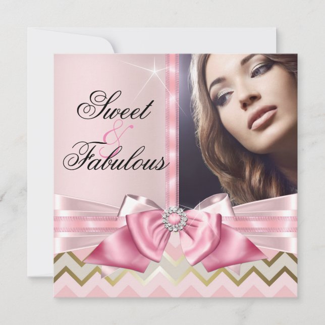 Sweet and Fabulous Pink Gold Chevron Birthday 3 Invitation (Front)