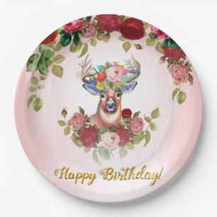 Sweet and Pink Elegant Floral Rose Dear Birthday Paper Plate