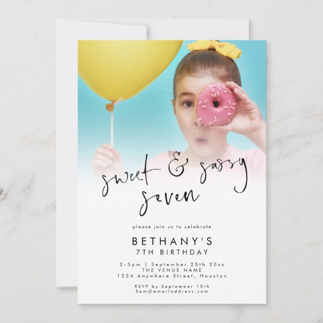 Sweet and Sassy Seven Photo Overlay 7th Birthday  Invitation (Front)