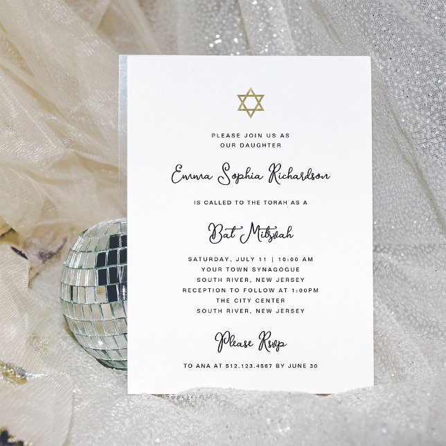 Sweet and Simple Black White and Gold Bat Mitzvah Invitation (Creator Uploaded)