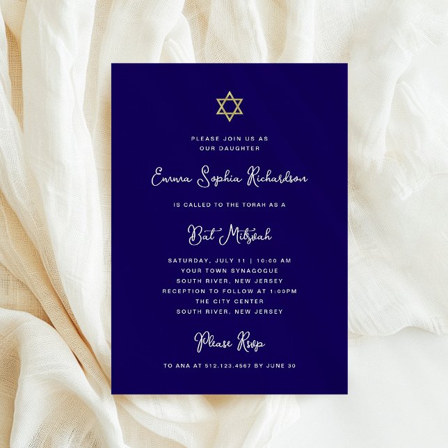 Sweet and Simple | Blue White and Gold Bat Mitzvah Invitation (Creator Uploaded)