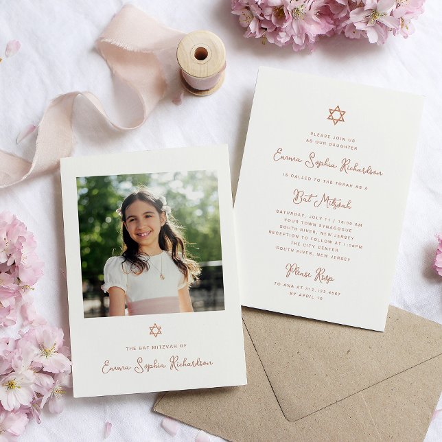 Sweet and Simple Faux Rose Gold Photo Bat Mitzvah Invitation (Creator Uploaded)