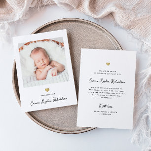 Sweet and Simple Photo and Gold Heart   Birth Announcement