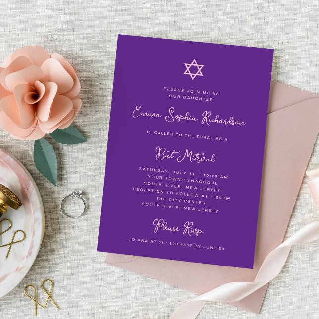Sweet and Simple | Purple and Pink Bat Mitzvah Invitation (Creator Uploaded)
