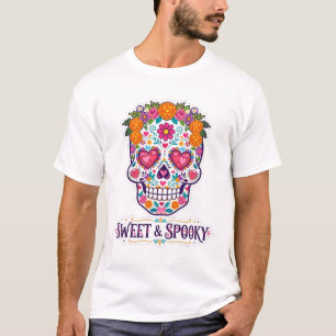 Sweet And Spooky Sugar Skull Floral Art T-Shirt