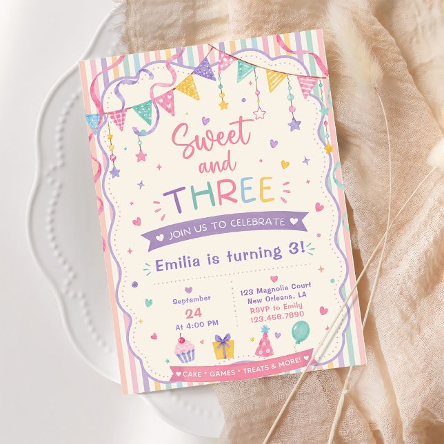Sweet and Three candy sweets pastel 3rd birthday Invitation (Creator Uploaded)