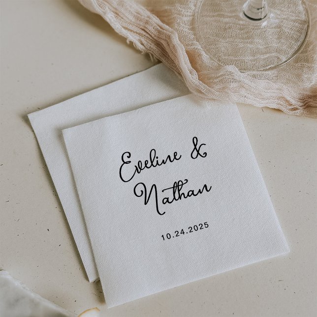 Sweet and Whimsical | Black and White Wedding Napkin (Stylish black and white wedding napkins with your names in whimsical script)
