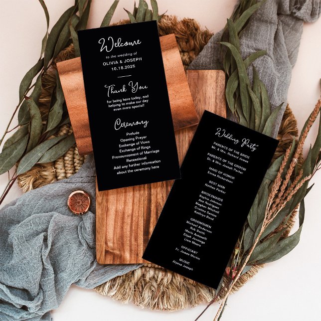 Sweet and Whimsical Black | Wedding Programme (An elegant black wedding program with white whimsical script)