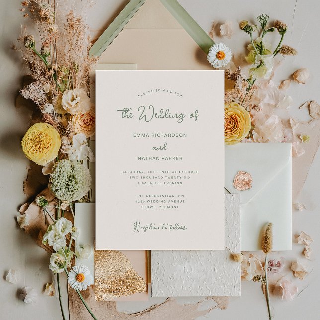 Sweet and Whimsical | Ivory and Sage Green Wedding Invitation (An elegant and simple ivory cream wedding invitation with sage green text)