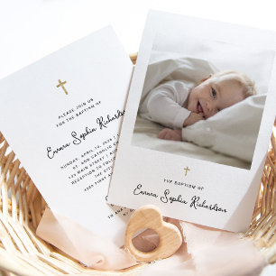 Sweet and Whimsical   Photo and Gold Cross Baptism Invitation