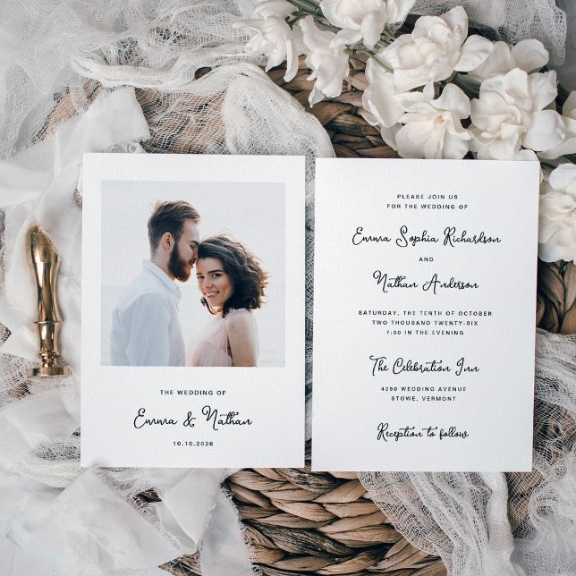 Sweet and Whimsical | Simple Photo Wedding Invitation (A stylish and elegant wedding photo invitation with whimsical script in black and white)