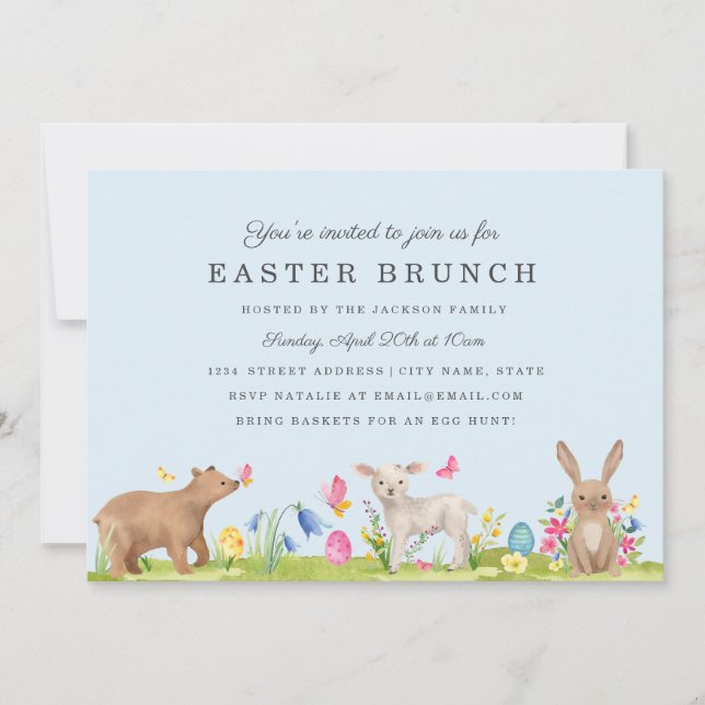 Sweet Animal Egg Blue Easter Brunch Card (Front)