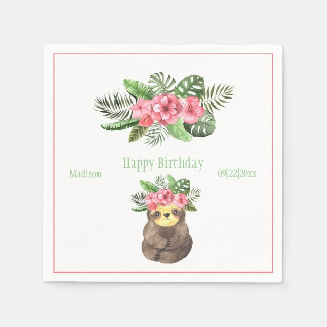 Sweet Animal Sloth Floral Pink Name Girly Birthday Napkin (Front)