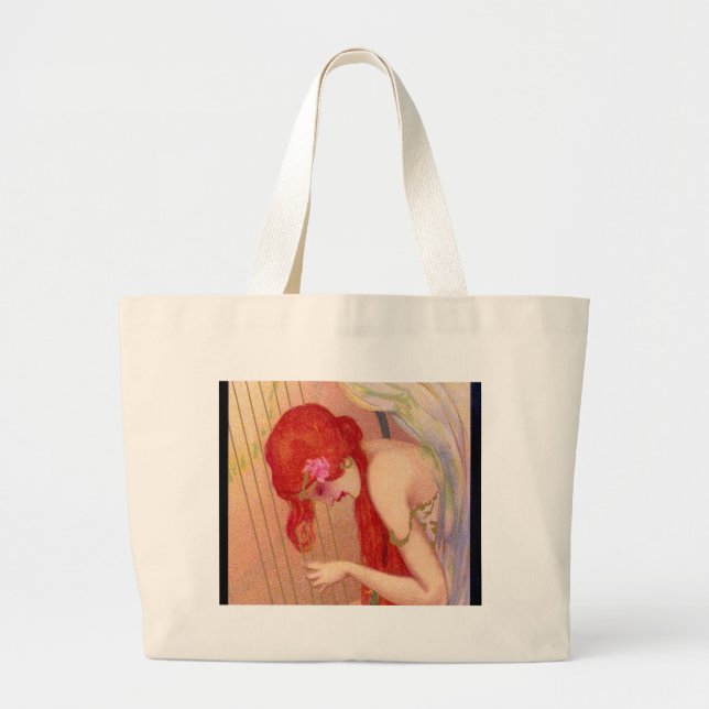 Sweet Antique Redheaded Angel on the Harp Large Tote Bag (Front)