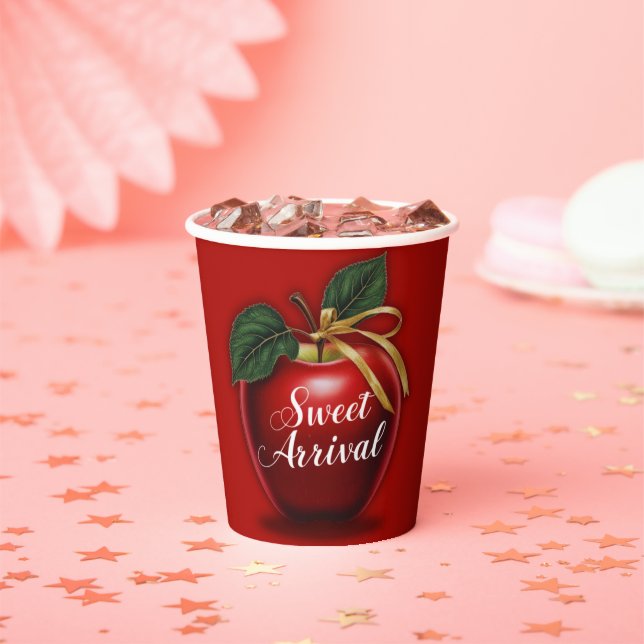 Sweet Arrival Red Apple Baby Shower Paper Cups (Insitu)