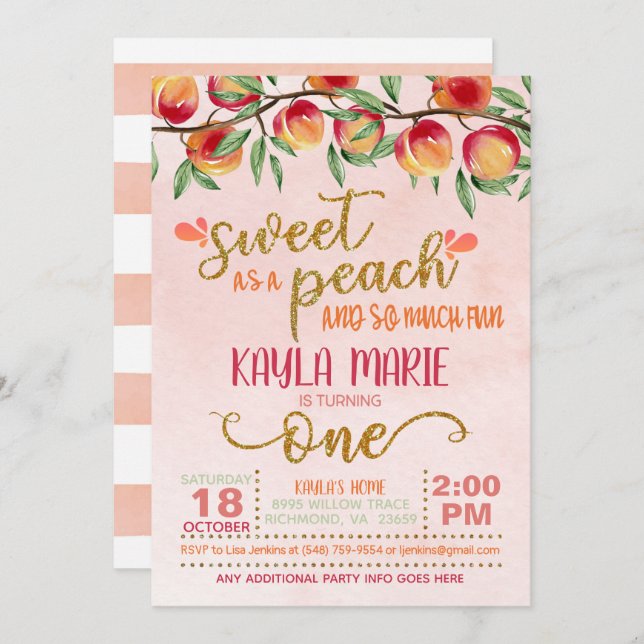 Sweet as a Peach 1st Birthday Invitation - Stripes (Front/Back)