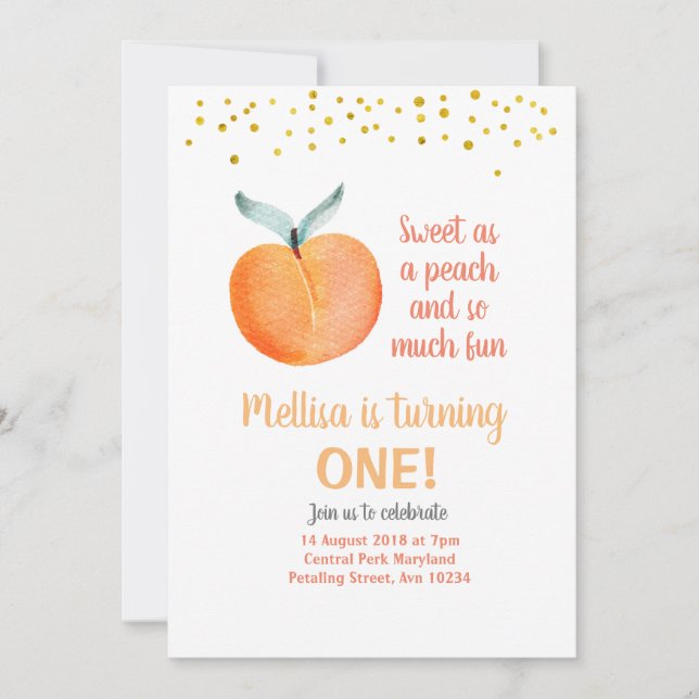 Sweet as a peach Birthday gold Invitation (Front)