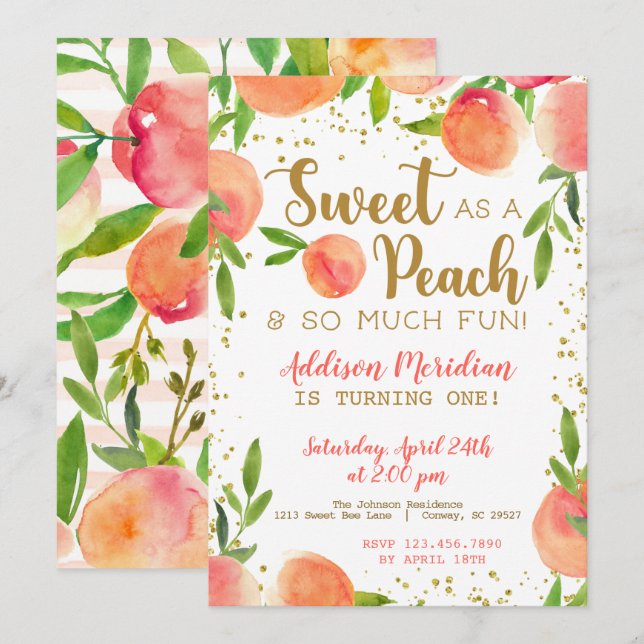 Sweet as a Peach Birthday Invitation (Front/Back)