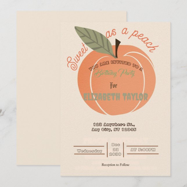 Sweet As A Peach  Birthday Party Invitations (Front/Back)