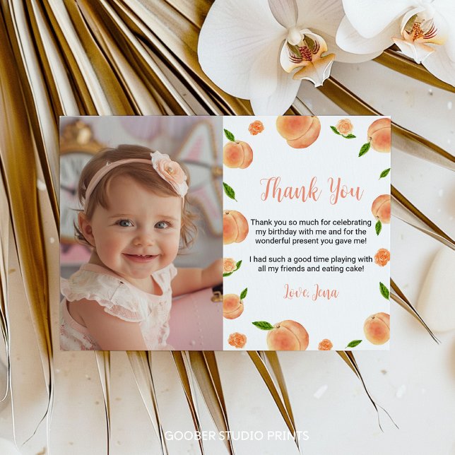 Sweet As A Peach Birthday Photo Thank You Card (Creator Uploaded)