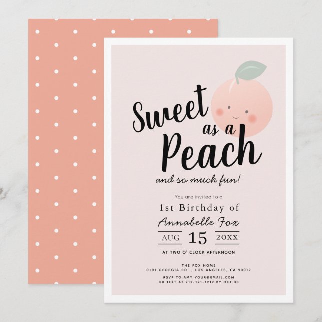 Sweet as a Peach Cute Kawaii Girl 1st Birthday Invitation (Front/Back)