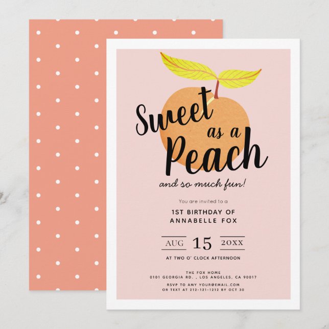 Sweet as a Peach Cute Retro Girl 1st Birthday Invitation (Front/Back)