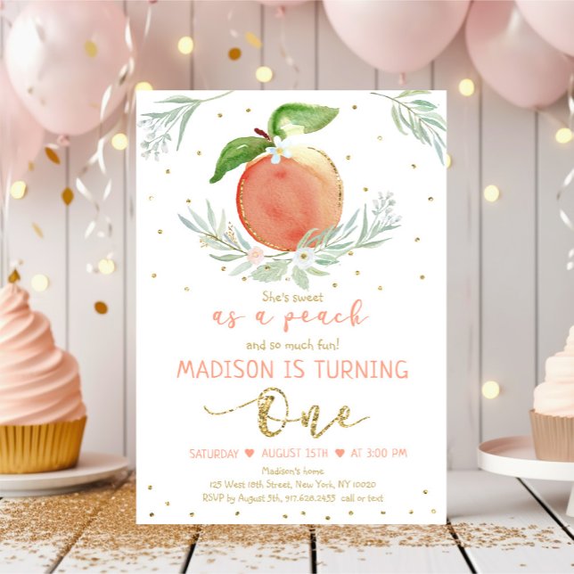 Sweet As A Peach Floral Gold First Birthday Invitation (Creator Uploaded)
