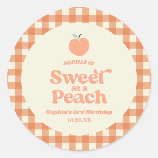 Sweet As A Peach Fruit Pink Orange Birthday Party Classic Round Sticker (Front)