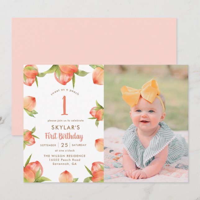Sweet As A Peach Girl First Birthday Photo Invitation (Front/Back)